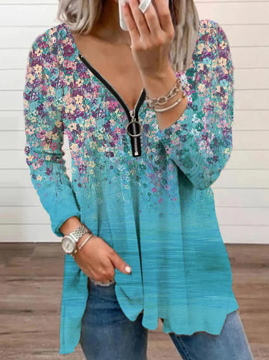 Chemisiers1 Décontracté Floral Printemps / Automne Col V Micro-élasticité Jersey Manches Longues Mi-long Régulier pour Femmes
