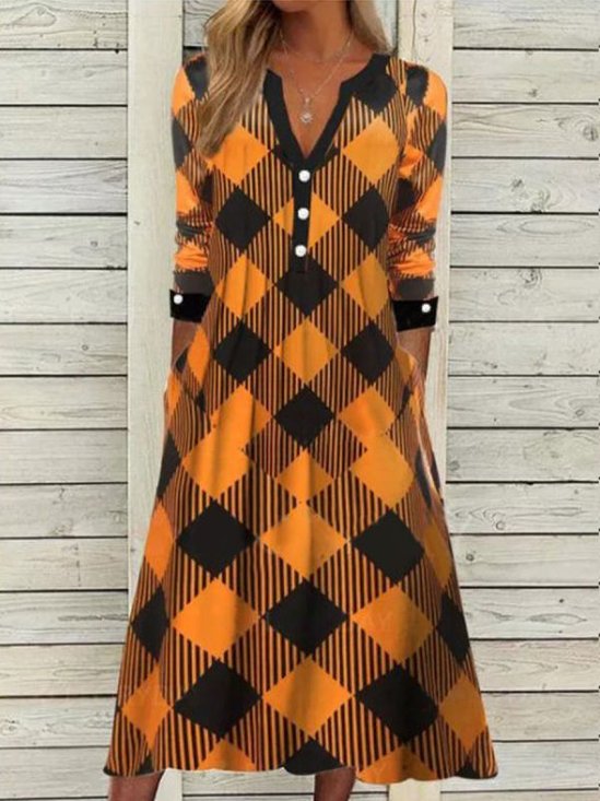 Femmes Plaid Jaune Entaillé Confortable Robe Maxi Décontracté