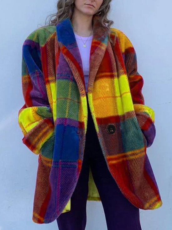 à Col Revers Manches Longues Régulier Plaid Manteau Boutonné pour Femmes