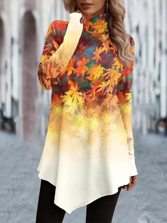 T-shirts Décontracté Printemps / Automne Feuille Quotidien Ample Jersey Manches Longues Col Roulé Droit pour Femmes
