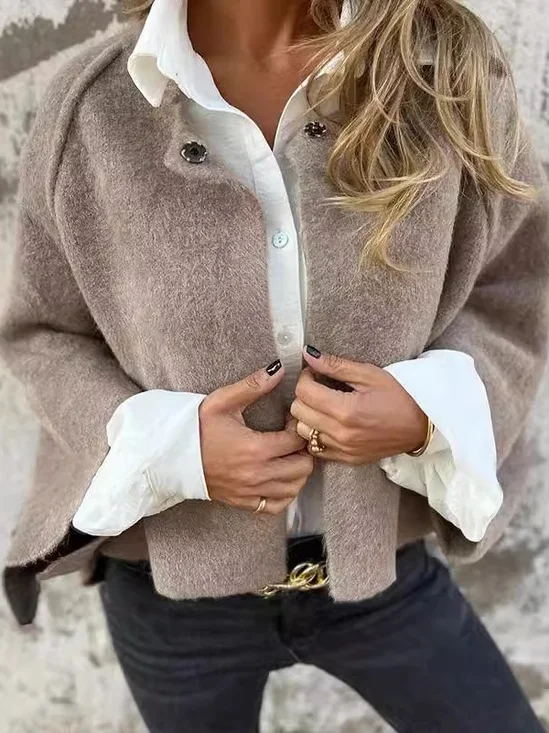 Micro-élasticité Col Rond Manches trois quarts Épaissi Plain Cape Blouson pour Femmes