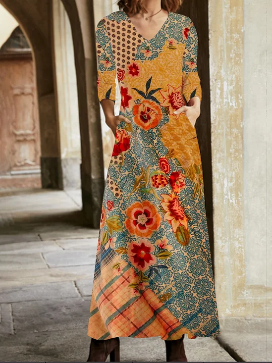 Femmes Floral Orange Col V Confortable Poche Couture Robe Maxi Décontracté