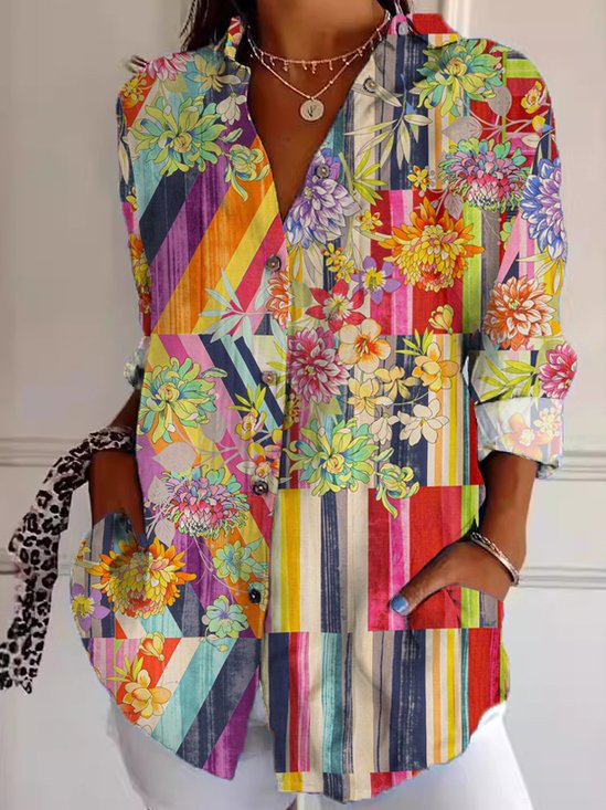 Chemises Femmes Rayé Décontracté Printemps / Automne Aucune élasticité Ample Manches Longues Mi-long Col de Chemise ré