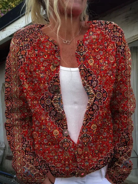 Cardigans Décontracté Printemps / Automne Nationalité/ethnie Polyester Micro-élasticité Quotidien Ample Manches Longues Régulier pour Femmes