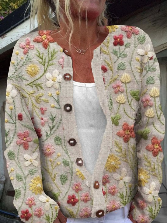 Cardigans Décontracté Floral Printemps / Automne Boutonné Micro-élasticité Ample Manches Longues Régulier Droit pour Femmes