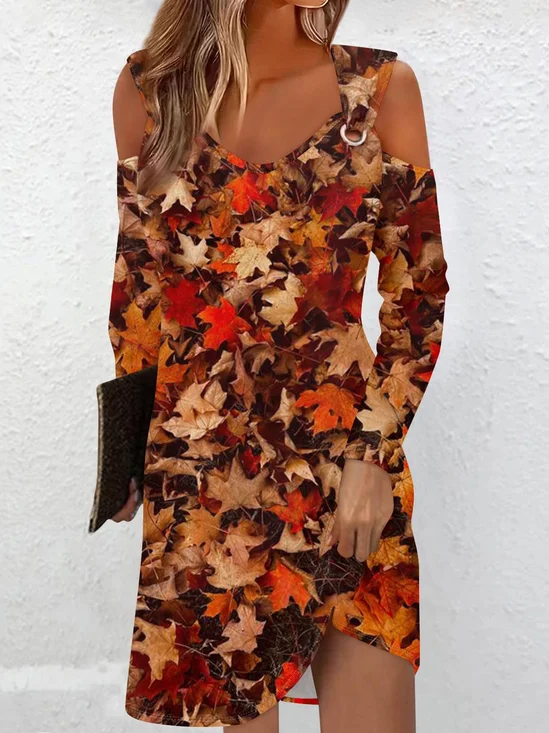 Femmes Feuille d'Érable Couleur 1 à Épaules Dénudées Confortable Boucle Mini Robe Décontracté