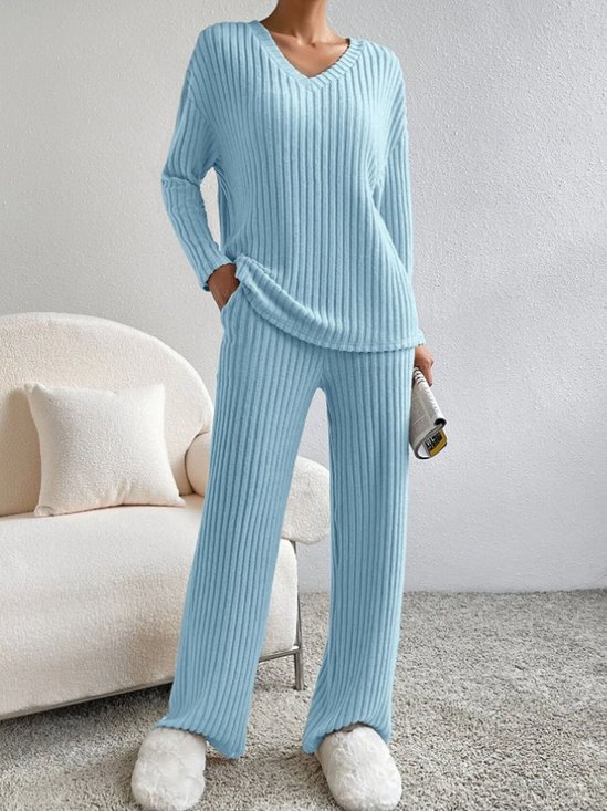 Deux Pièces Ensembles Femmes Décontracté Plain Printemps / Automne Col V Naturel Manches Longues Top Avec Pantalons Droit Régulier