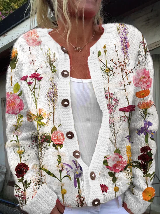 Cardigans Décontracté Hiver Plantes Tricoté Quotidien Coupe Régulière Manches Longues Col Rond Droit pour Femmes