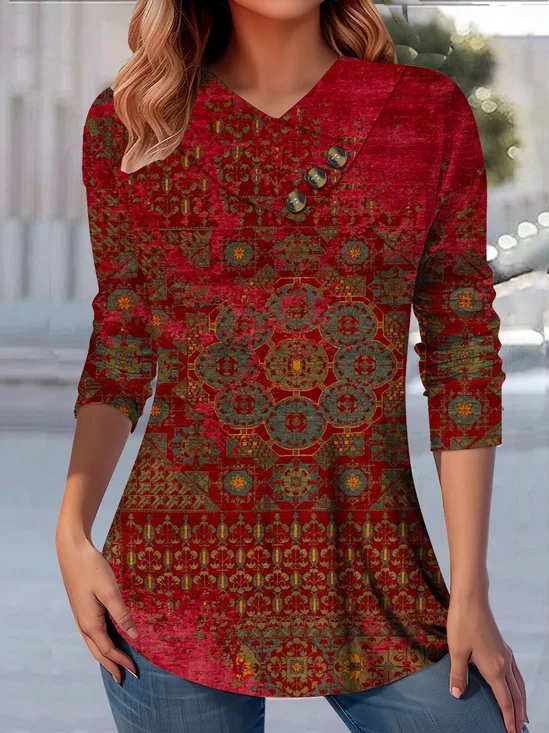 T-shirts Femmes Ethnique Décontracté Printemps / Automne Col V Quotidien Manches Longues Régulier Droit Boucle