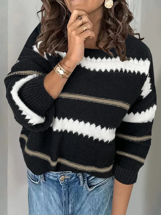 Pulls Rayé Décontracté Printemps / Automne Col V Naturel Quotidien Ample Manches Longues Fil/fil de laine pour Femmes