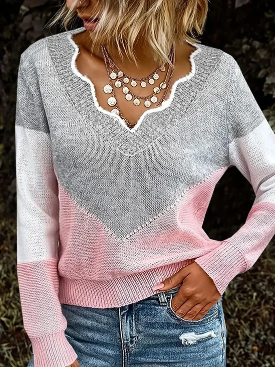 Pulls Décontracté Bloc de Couleur Printemps / Automne Col V Ample Manches Longues Fil/fil de laine Droit Élasticité moyenne pour Femmes