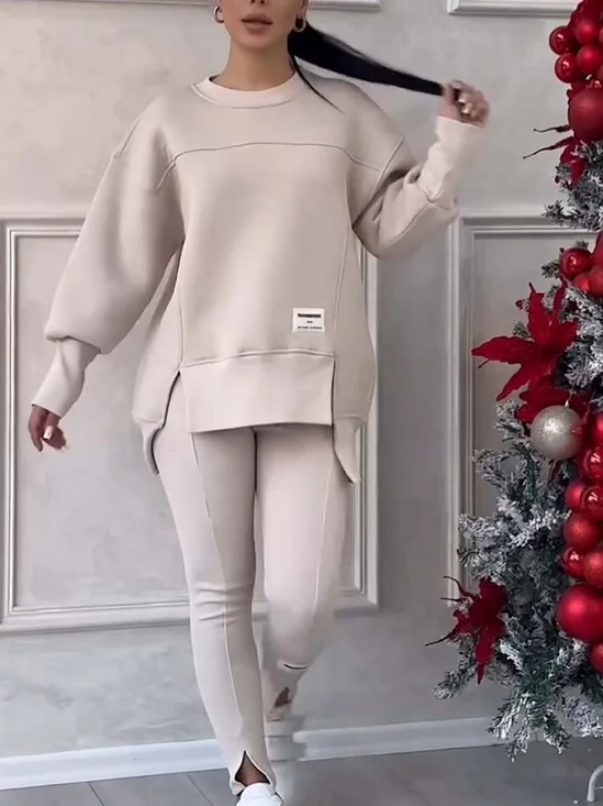 Deux Pièces Ensembles Décontracté Plain Printemps / Automne Micro-élasticité Quotidien Col Rond Top Avec Pantalons Droit Régulier pour Femmes