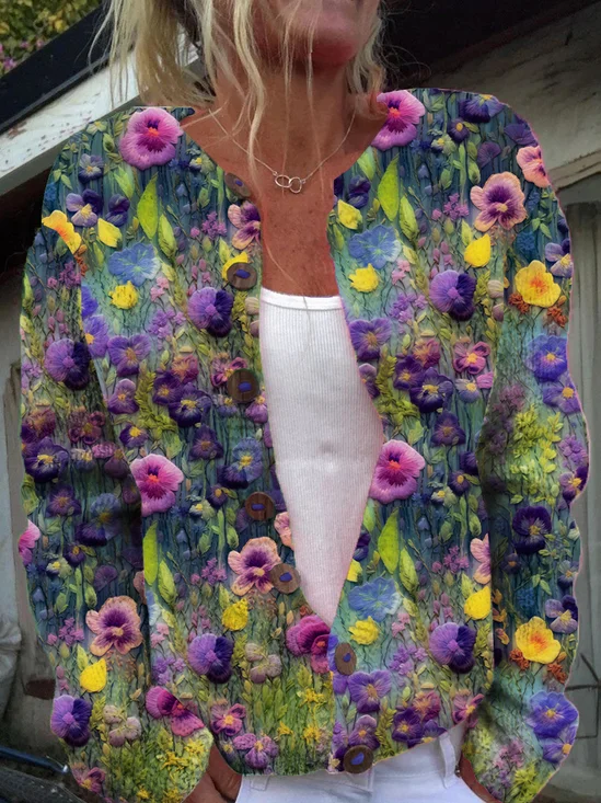 Cardigans Femmes Décontracté Floral Printemps / Automne Boutonné Micro-élasticité Quotidien Ample Manches Longues Régulier