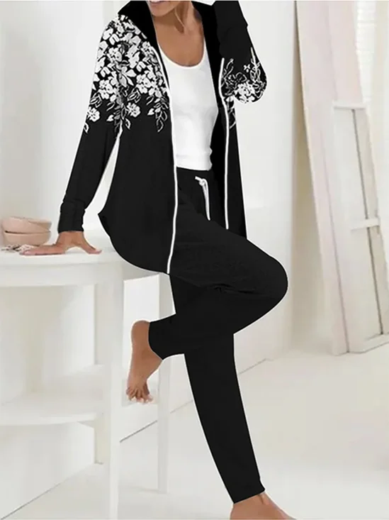 Deux Pièces Ensembles Femmes Décontracté Floral Printemps / Automne Sweat-shirt à Capuche Micro-élasticité Manteau avec Pantalons Droit Régulier T.-N.-L.