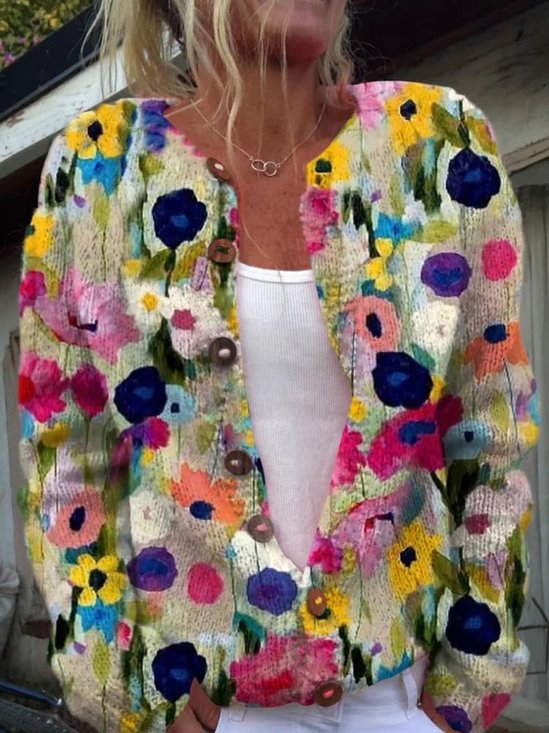 Cardigans Décontracté Floral Printemps / Automne Polyester Boutonné Micro-élasticité Quotidien Manches Longues Droit pour Femmes