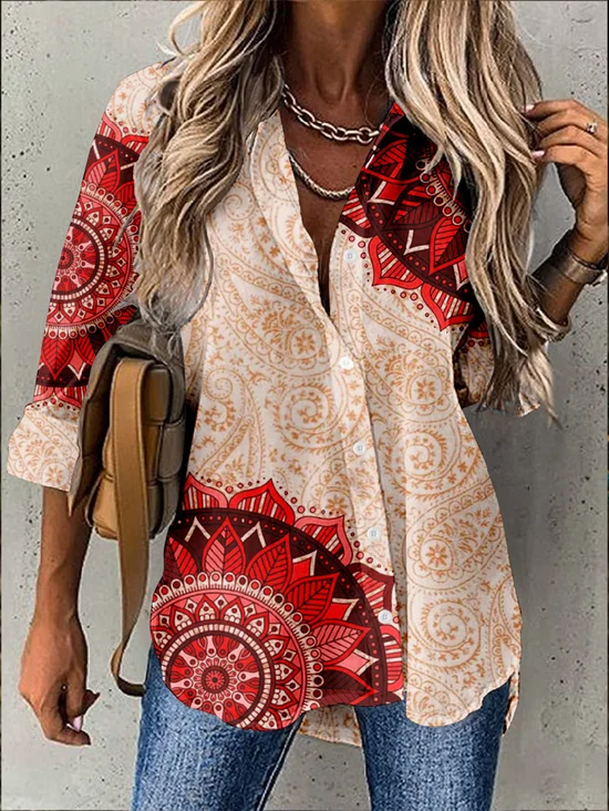 Chemises Femmes Rétro Ethnique Printemps / Automne Polyester Boutonné Naturel Manches Longues Mi-long ré