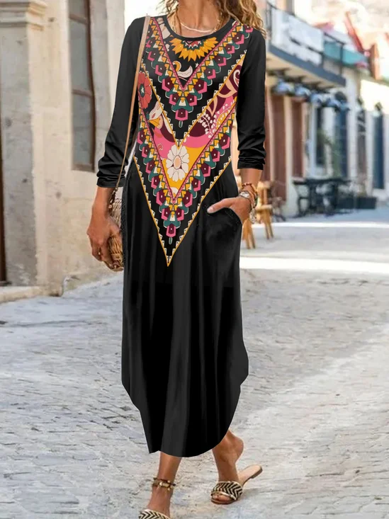 Femmes Ethnique Noir Col Rond Confortable Robe Maxi Décontracté
