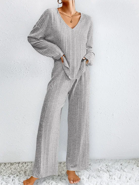 Deux Pièces Ensembles Décontracté Plain Printemps / Automne Col V Naturel Quotidien Ample Top Avec Pantalons Régulier pour Femmes