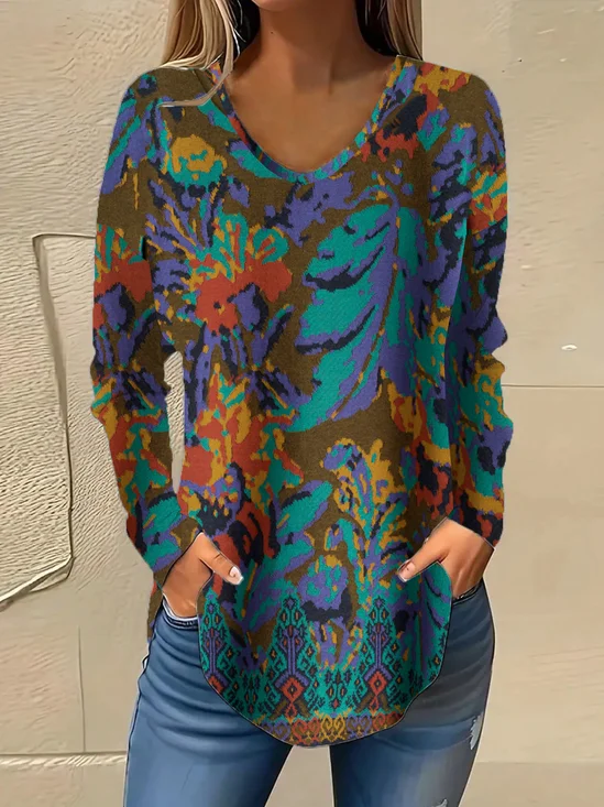 T-shirts Femmes Rétro Ethnique Printemps / Automne Quotidien Ample Jersey Meilleure vente Régulier ré