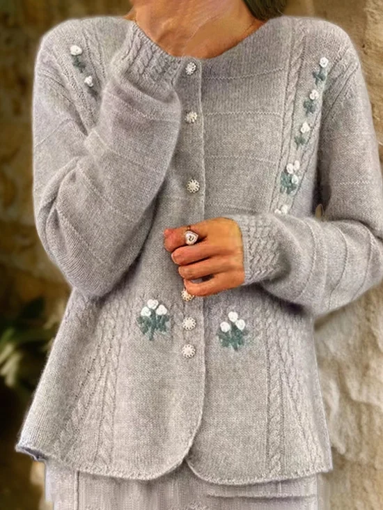 Cardigans Décontracté Floral Hiver Boutonné Poids lourd Manches Longues Fil/fil de laine Régulier Droit pour Femmes