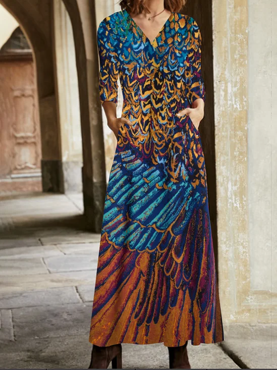 Femmes Ethnique Multicolore Col V Confortable Robe Maxi Rétro