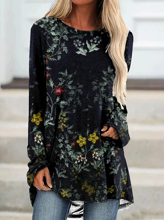 T-shirts Rétro Floral Printemps / Automne Quotidien Ample Jersey Mi-long Élasticité moyenne ré pour Femmes