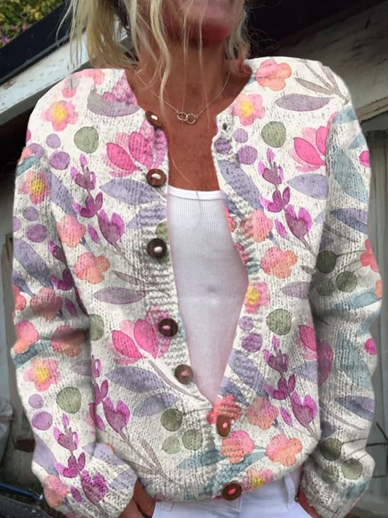 Cardigans Décontracté Floral Printemps / Automne Micro-élasticité Quotidien Ample Régulier Droit Boucle pour Femmes