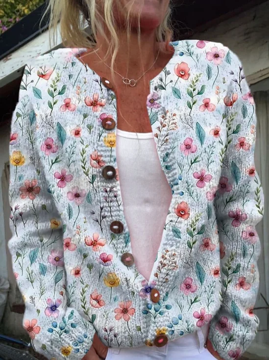 Cardigans Décontracté Floral Printemps / Automne Micro-élasticité Quotidien Ample Manches Longues Droit Régulier pour Femmes