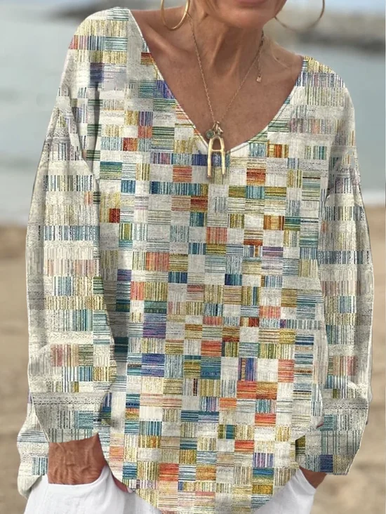 Chemisiers1 Décontracté Printemps / Automne Bloc de Couleur Col V Jersey Manches Longues Mi-long Régulier Élasticité moyenne pour Femmes