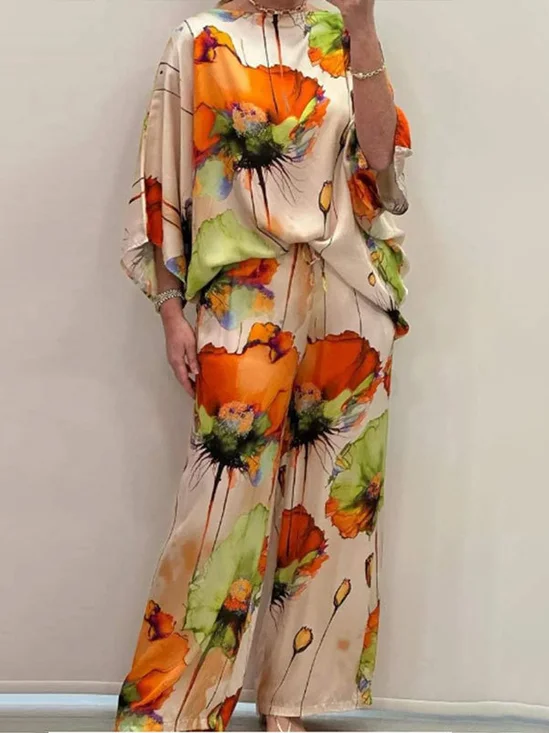 Deux Pièces Ensembles Femmes Décontracté Floral Printemps / Automne Polyester Naturel Quotidien Ample Manches Longues Droit