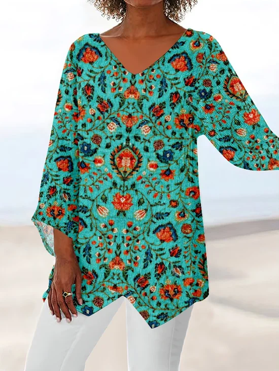 Chemisiers1 Rétro Ethnique Printemps / Automne Polyester Quotidien Ample Manches Longues Droit ré pour Femmes