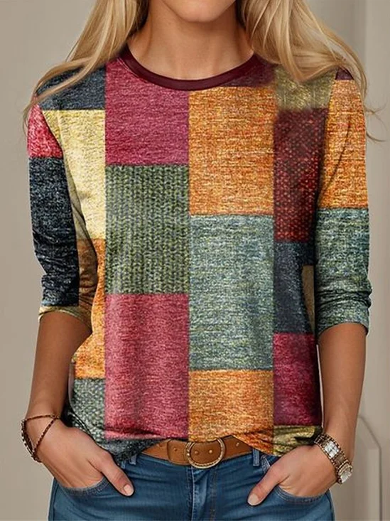 T-shirts Décontracté Printemps / Automne Abstrait Graphique Micro-élasticité Jersey Manches Longues Régulier Droit Régulier pour Femmes