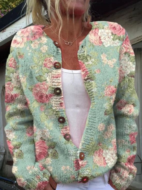 Cardigans Femmes Décontracté Floral Printemps / Automne Polyester Quotidien Ample Régulier Droit Régulier