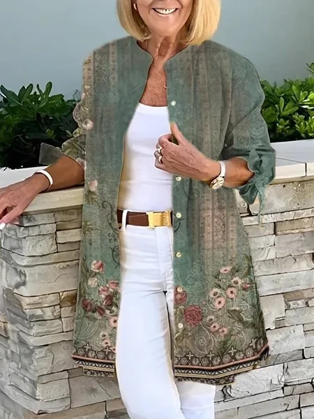 Micro-élasticité Col Rond Manches Longues Régulier Floral Blouson pour Femmes