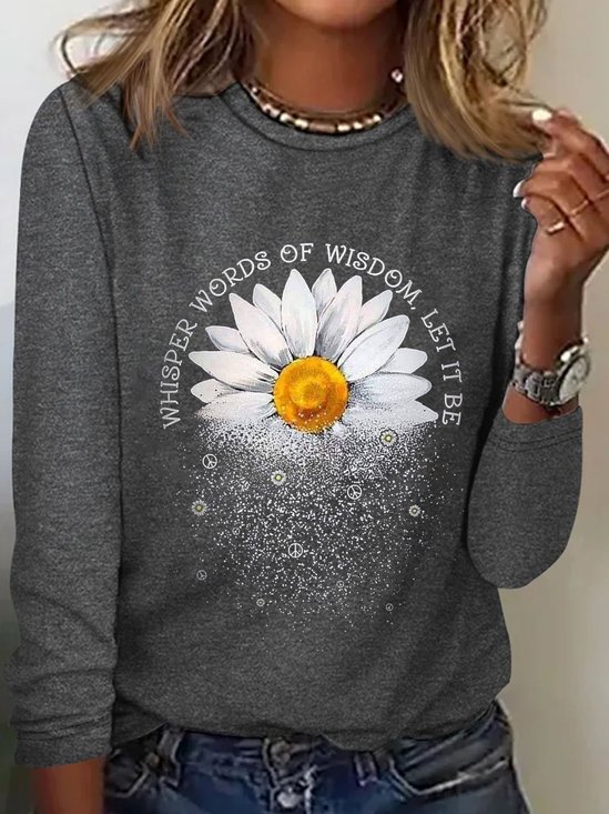 T-shirts Décontracté Printemps / Automne Marguerite Quotidien Ample Col Rond en Mélangé de Coton Régulier ré pour Femmes