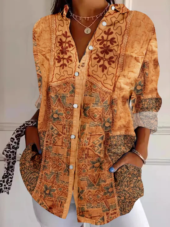 Chemises Femmes Boho Ethnique Printemps / Automne Quotidien Manches Longues Régulier Col de Chemise ré T.-N.-L.