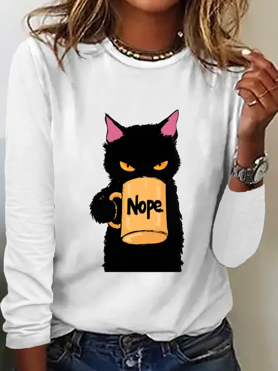 T-shirts Décontracté Printemps / Automne Chat Ample Manches Longues en Mélangé de Coton Régulier Droit Régulier pour Femmes
