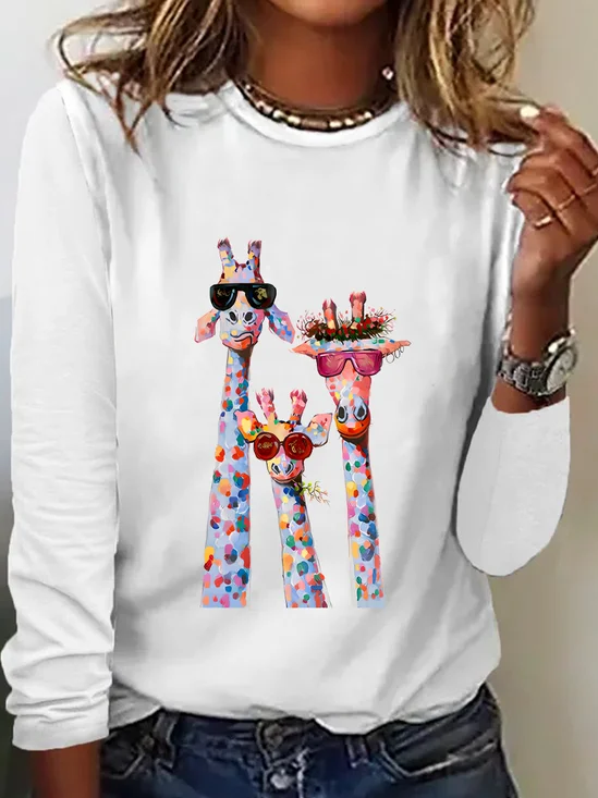 T-shirts Femmes Décontracté Printemps / Automne Chat Meilleure vente Manches Longues Col Rond en Mélangé de Coton Régulier Droit
