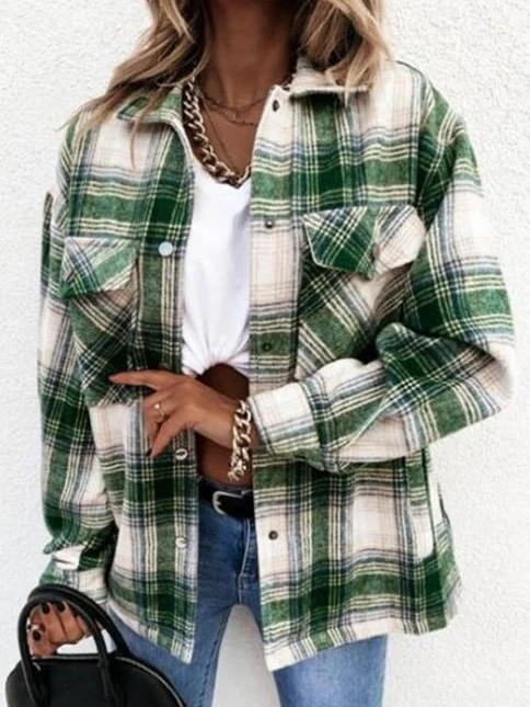 Micro-élasticité Manches Longues Régulier Plaid Blouson Boucle pour Femmes