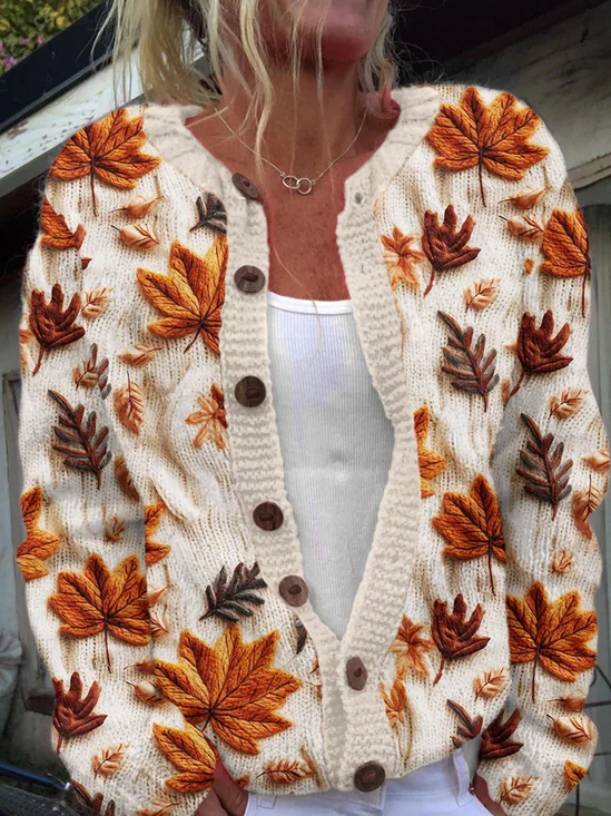 Cardigans Décontracté Printemps / Automne Feuille d'Érable Polyester Micro-élasticité Ample Droit Boucle Régulier pour Femmes