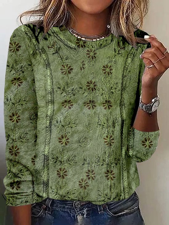 T-shirts Rétro Floral Printemps / Automne Micro-élasticité Quotidien Ample Jersey Manches Longues ré pour Femmes