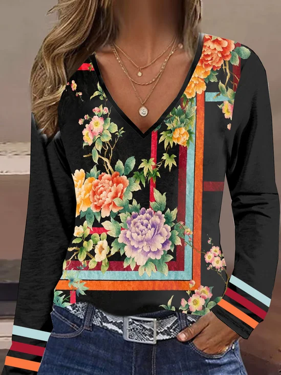 T-shirts Femmes Floral Décontracté Printemps / Automne Micro-élasticité Quotidien Jersey Manches Longues Régulier T.-N.-L.