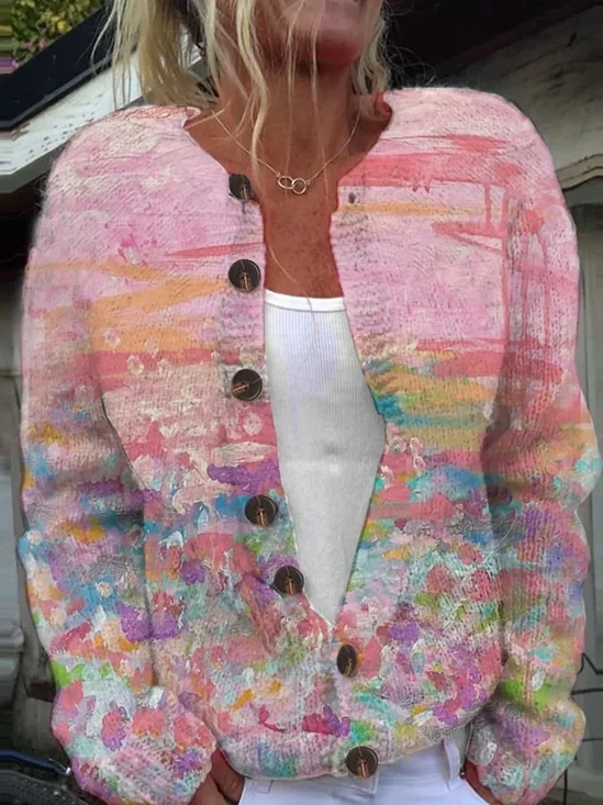 Cardigans Décontracté Abstrait Hiver Micro-élasticité Quotidien Coupe Régulière Manches Longues Col Rond Régulier pour Femmes