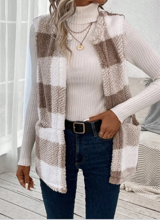 Micro-élasticité Col Châle Sans Manches en Toison Plaid Gilet pour Femmes