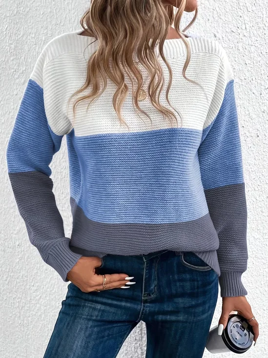 Pulls Décontracté Bloc de Couleur Printemps / Automne Micro-élasticité Quotidien Ample Manches Longues Col Rond Droit pour Femmes