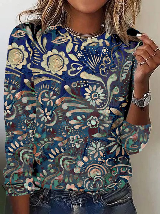 T-shirts Rétro Floral Printemps / Automne Micro-élasticité Ample Manches Longues Col Rond Droit Régulier pour Femmes