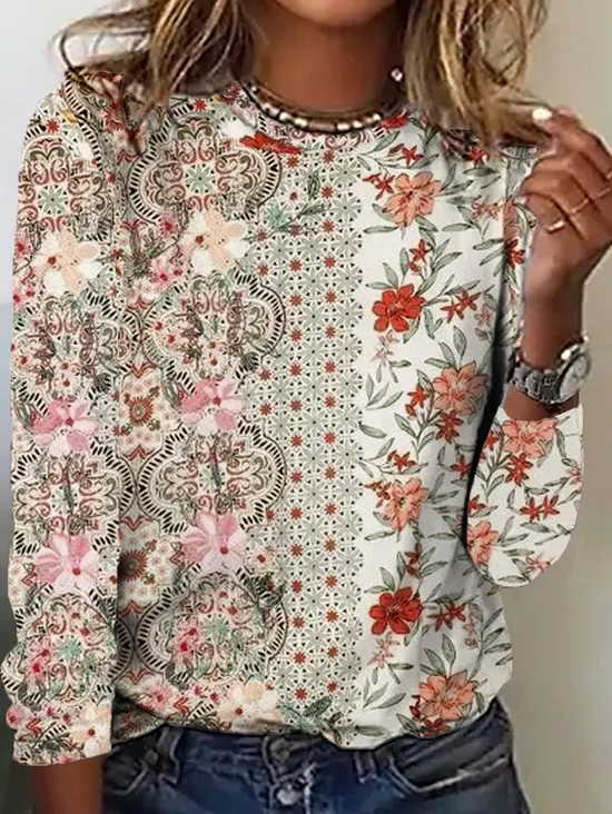 T-shirts Femmes Décontracté Floral Printemps / Automne Micro-élasticité Quotidien Jersey Manches Longues Droit Régulier