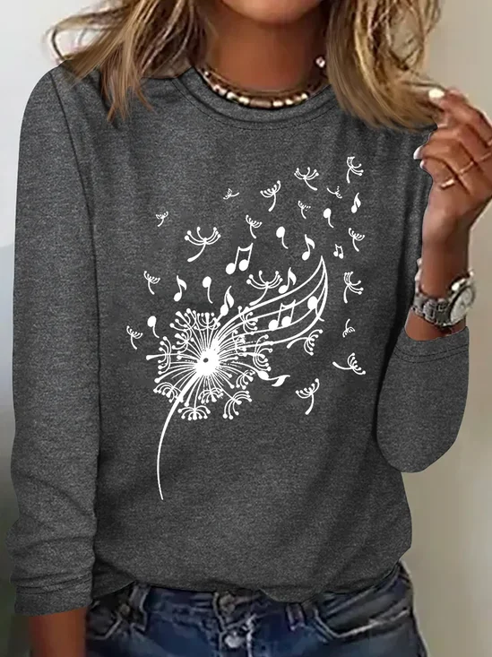 T-shirts Femmes Rétro Printemps / Automne Pissenlit Manches Longues Col Rond en Mélangé de Coton Régulier Élasticité moyenne ré