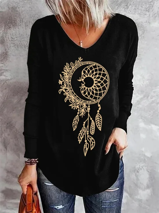 T-shirts Boho Printemps / Automne Attrapeur de rêves Col V Quotidien Mi-long Droit Élasticité moyenne Oui pour Femmes