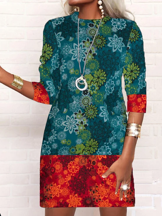 Femmes Floral Bleu Col Rond Confortable Mini Robe Décontracté
